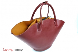 Red fan-shaped leather bag with strap